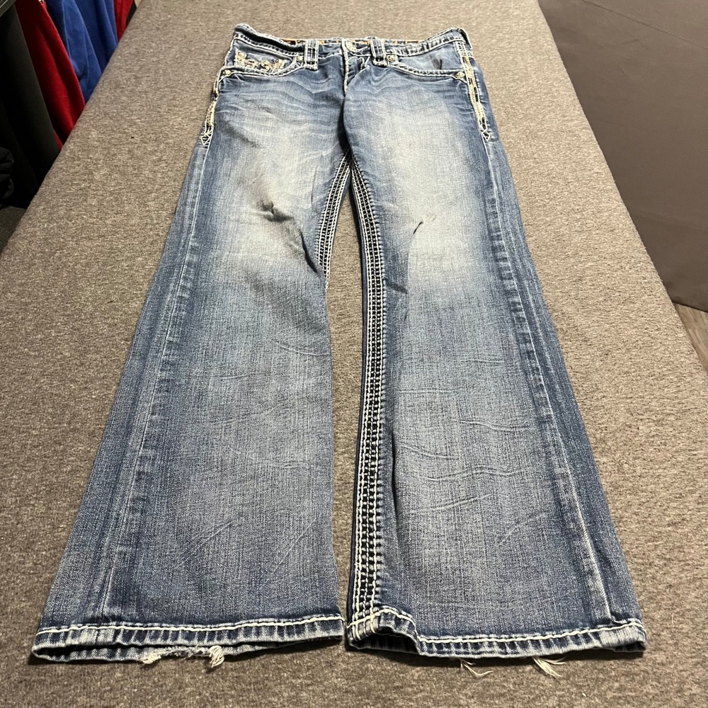 Rock Revival Rahm Bootcut Jeans Mens 31x33 Medium Wash Fleur De Lis Distressed
